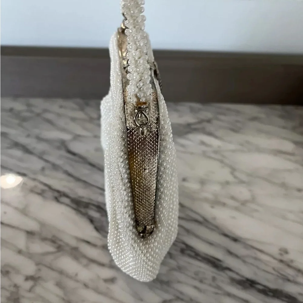White Pearl Beaded Purse Evening Bag Clutch Silver Frame Clasp Vintage 50s 60s